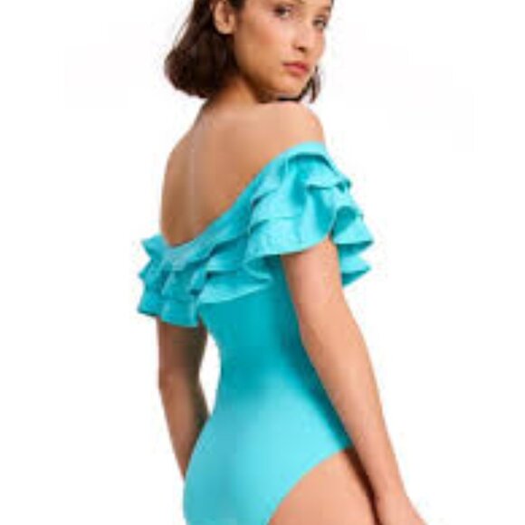 NWT Kate Spade New York Off Shoulder Ruffle Swimsuit in River Blue - Size XL - Picture 1 of 7